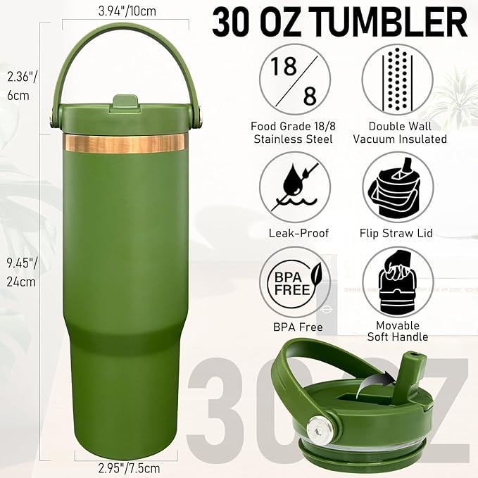 30 oz Tumbler Bulk with Handle and Straw, Vacuum Insulated Tumblers with Flip Straw and Top Handle, Leakproof Powder Coated Tumbler, Stainless Steel Travel Mug for Coffee (Army Green, 4 Pack)