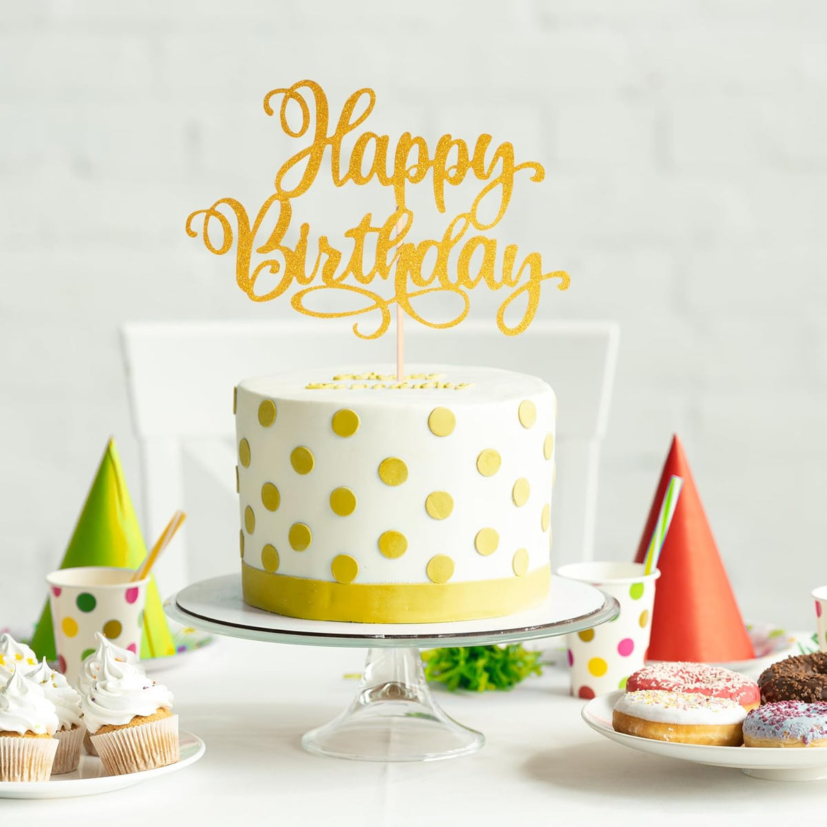 Happy Birthday Cake Toppers 9 Inch Glitter Happy Birthday Cake Pick for Birthday Anniversary Theme Party Cake Decorations Supplies - Gold