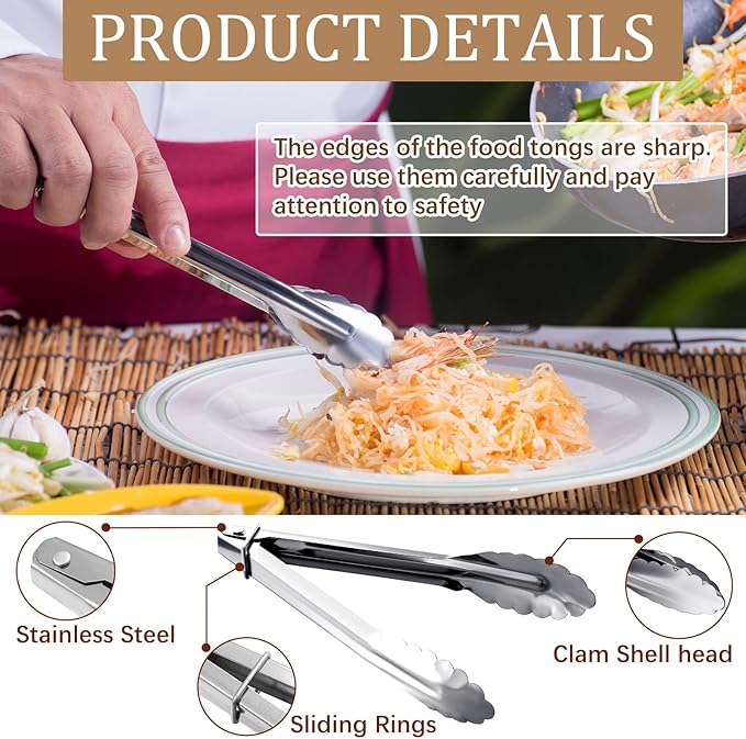 Meanplan 50 Pcs Small Stainless Steel Kitchen Tongs 7 Inch Food Serving Tongs Metal Cooking Clips High Heat Resistant Clips with Sliding Rings for Buffet Food Cooking Salad Grilling, Silver