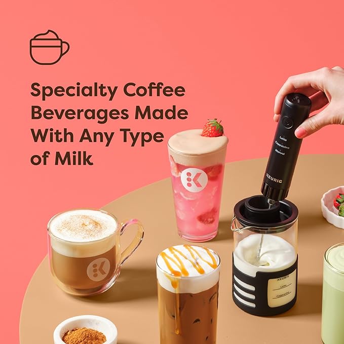 Keurig SimpleCafe Frother, Rechargeable Handheld Milk Frother for Lattes, Cappuccinos & Iced Coffee, USB Cord Included, Microwave-Safe Frothing Cup, Hot & Cold Foam Maker