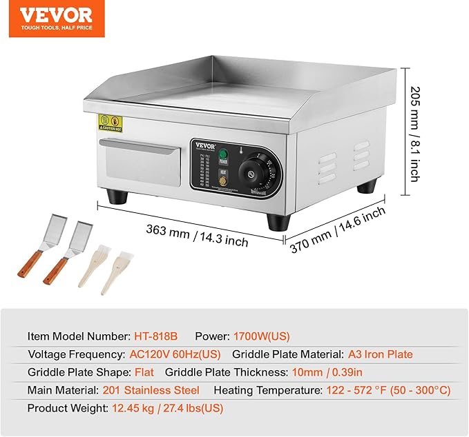 VEVOR Commercial Electric Griddle, 1700W Countertop Flat Top Grill, 14in Stainless Steel Griddle Grill with 2 Shovels and 2 Brushes for Home or Restaurant, 122℉-572 ℉ Adjustable Temp