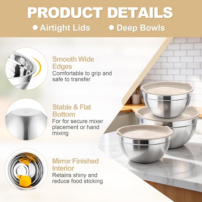 TeamFar Mixing Bowls, Stainless Steel Nesting Salad Bowls with Airtight Lids Set, For Serving/Mixing/Storing, Rust-proof & Heavy Duty, Dishwasher Safe, Set of 3-4.6/3 / 1.5 QT, Khaki