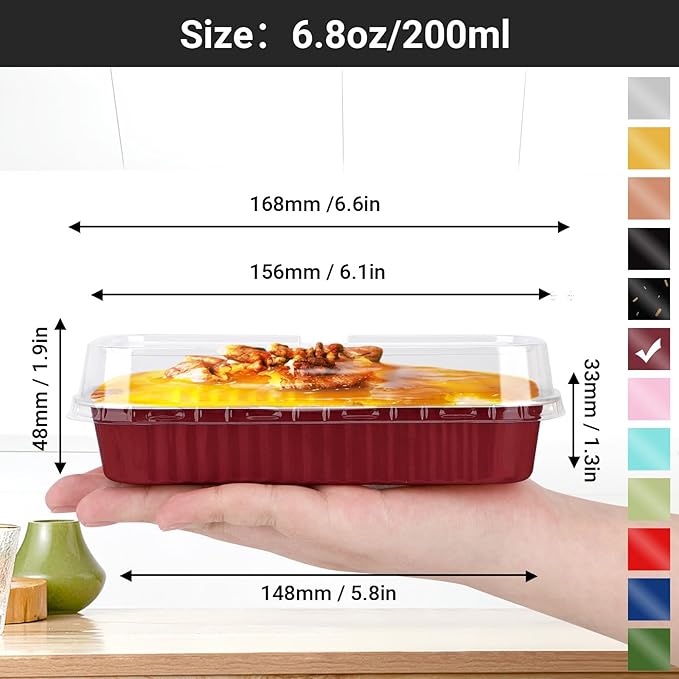 EUSOAR Aluminum Foil Cupcake Liners, 50pcs 6.8oz 6.5"x2.5"x1.2" Disposable Foil Pan Tin with Lids，Cupcake Baking Cups Containers Wrappers, Dessert Cheesecake Creme Brulee Ramekins Mini Loaf Cake Pans
