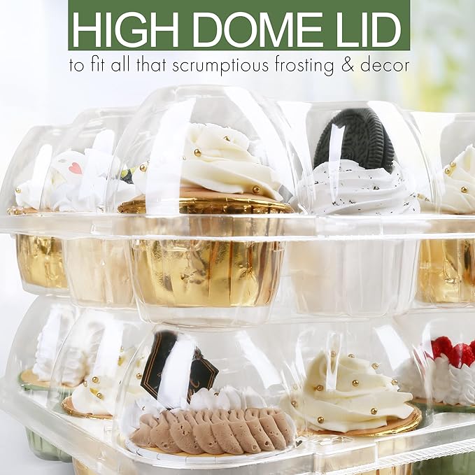 LotFancy (12 Count x 20 Sets) Cupcake Containers, Plastic Cupcake Boxes Holderd with 240 Liners, BPA Free, Disposable Cupcake Carrier Holder with Detachable Tall Dome Lid
