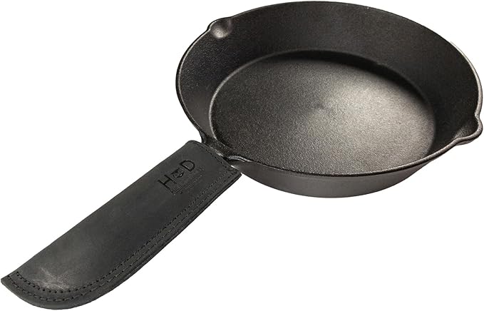 Hide & Drink, Full Grain Leather Hot Handle, Cast Iron Protector, Panhandle Potholder, Double Layered, Double Stitched, Slides On/Off Easily onto Metal Skillet Grips, Handmade, Charcoal Black