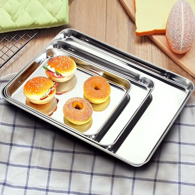Baking Sheets Set of 2, Bastwe Stainless Steel Baking Pan Tray Cookie Sheet, Size 10 x 8 x 1 inch, Non Toxic & Healthy, Rust Free & Easy Clean