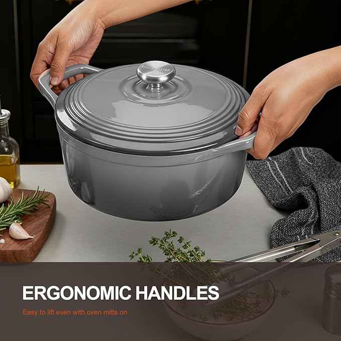 Overmont Refined Enameled Cast Iron Dutch Oven - 5.5QT Pot with Wide Handles Lid Cookbook & Cotton Potholders - Heavy-Duty Pre-Seasoned Cookware Oven Safe to 500°F for Braising, Stews, Roasting, Bread Baking