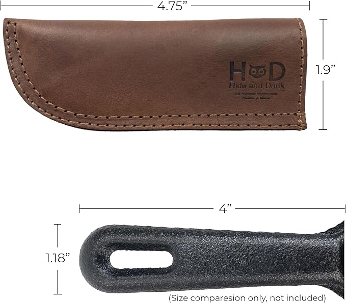 Hide & Drink, Rustic Hot Handle Holder, Fits 4-in-Long Skillet Pan Handles, Cast Iron Panhandle Potholder, Double Layered & Stitched, Handmade from Full Grain Leather, Bourbon Brown