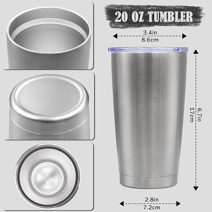 20 oz Tumbler Coffee Travel Tumblers Bulk with Lid Stainless Steel Double Wall Vacuum Insulated Mug Powder Coated Cups fit Car Cupholder for Hot and Cold - Stainless Steel, 1Pack
