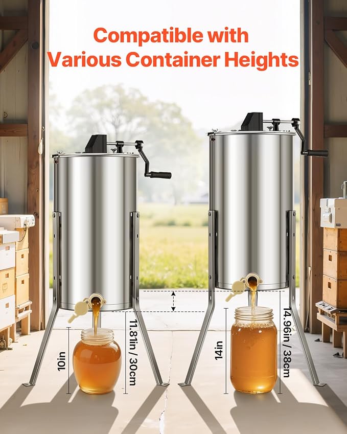 VEVOR Honey Extractor, 2 Frame Manual Honey Extractor with Transparent Lid, Stainless Steel Honeycomb Drum Spinner with Height Adjustable Stand,Honeycomb Extraction Centrifuge Equipment for Beekeeping