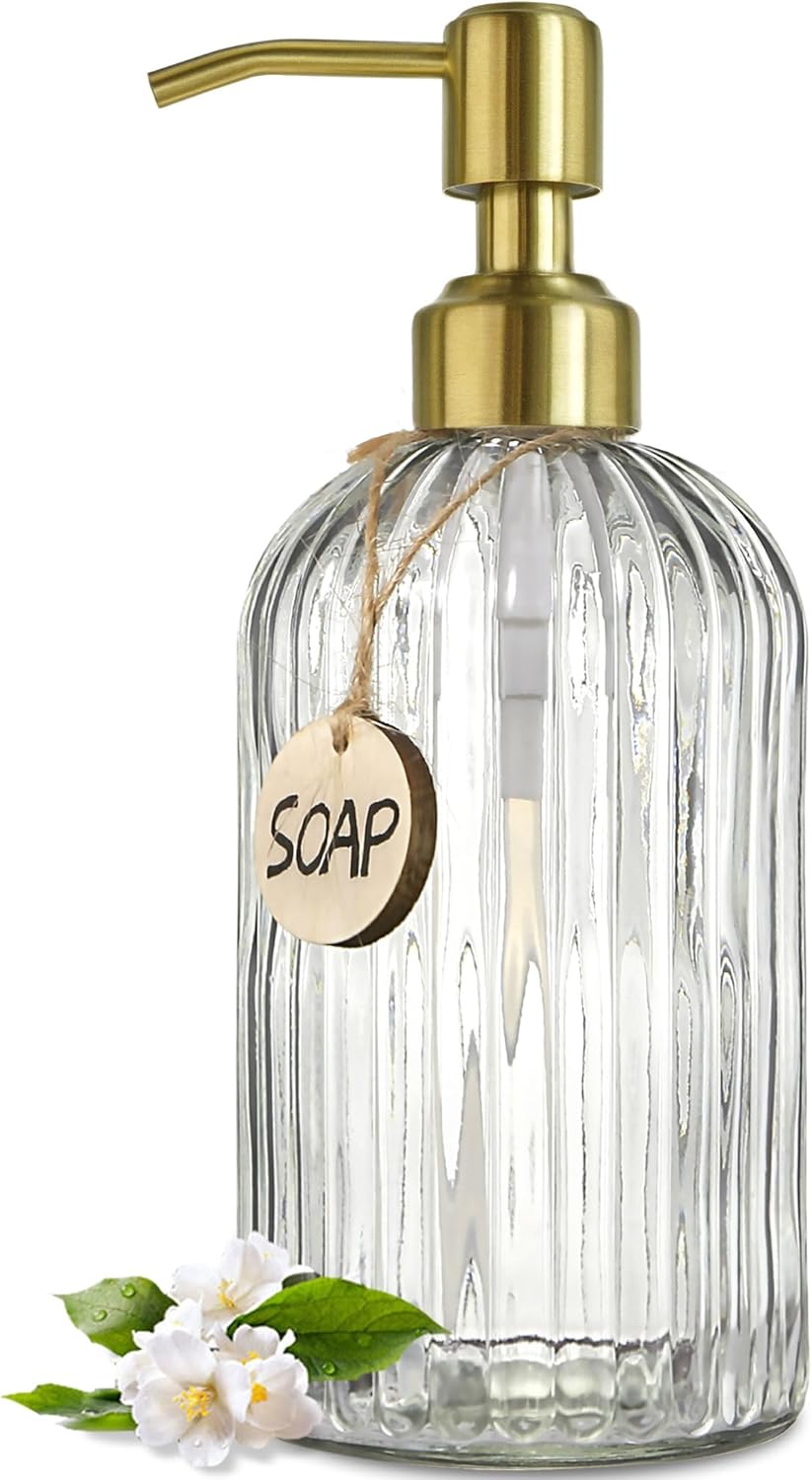JASAI 18Oz Glass Soap Dispenser with Golden Pump for Kitchen,Refillable Liquid Hand soap Dispenser with Vertical Stripe, Clear Soap Dispenser Bathroom for Hand soap, Dish Soap, Lotion