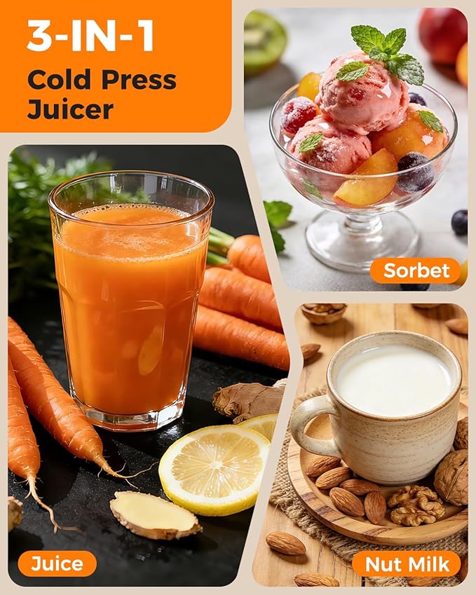 ACOQOOS Juicer Machines, 6.5" Extra Large Feed Chute Cold Press Juicer 3-IN-1 with Sorbet & Nut Milk, BPA Free, Easy to Clean, 100 OZ Hopper, Silver-Black
