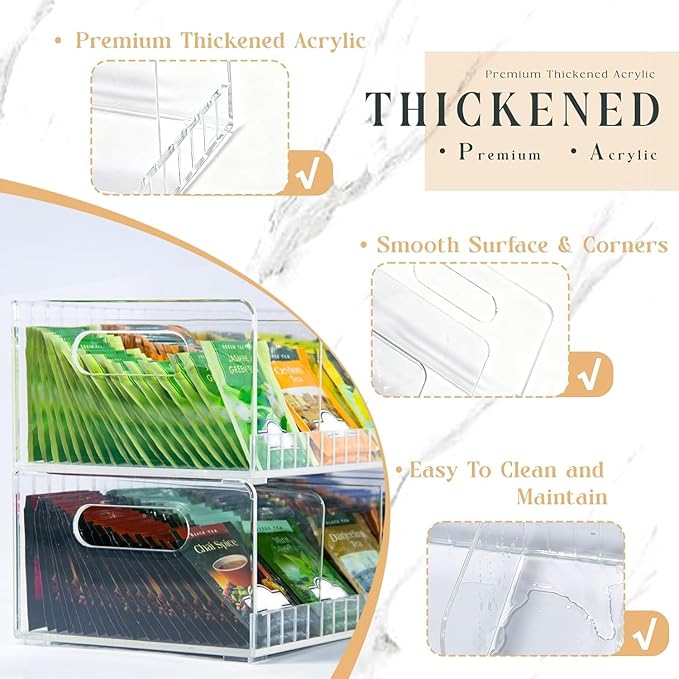 Acrylic Tea Bag Organizer with Adjustable Dividers, 2 Tier Tea Bag Holder Stackable & Wall Mount Storage Box, Custom Compartments Fit All Size Tea Bags for Drawer, Cabinet, Countertop Organization