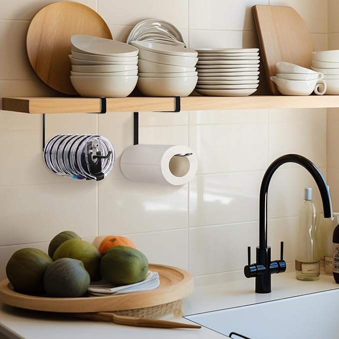 2 Pack Tumbler Lid Organizer, Horizontal Tumbler Lid Storage Hook Up to 20 Lids, Space Saving Cup Lid Holder Under Cabinet Tumbler Lid Hook for Kitchen Organizer, Paper Towel Hanger(Round&Flat, Black)