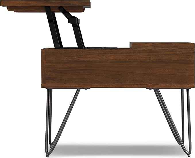 SIMPLIHOME Hunter Lift Top Coffee Table - 48 inch Wide Walnut Veneer and Metal Industrial Cocktail Table, Functional Living Room Table with 2 Storage Cubbies and Hairpin Legs
