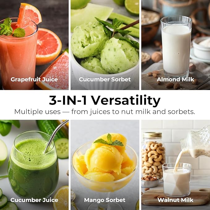 EanOruus Juicer Machines, 3-in-1 Cold Press Juicer with 6.5" Extra Large Chute, 100oz Large Capacity, AC Motor, Makes Juice, Nut Milk & Sorbet, Bright White