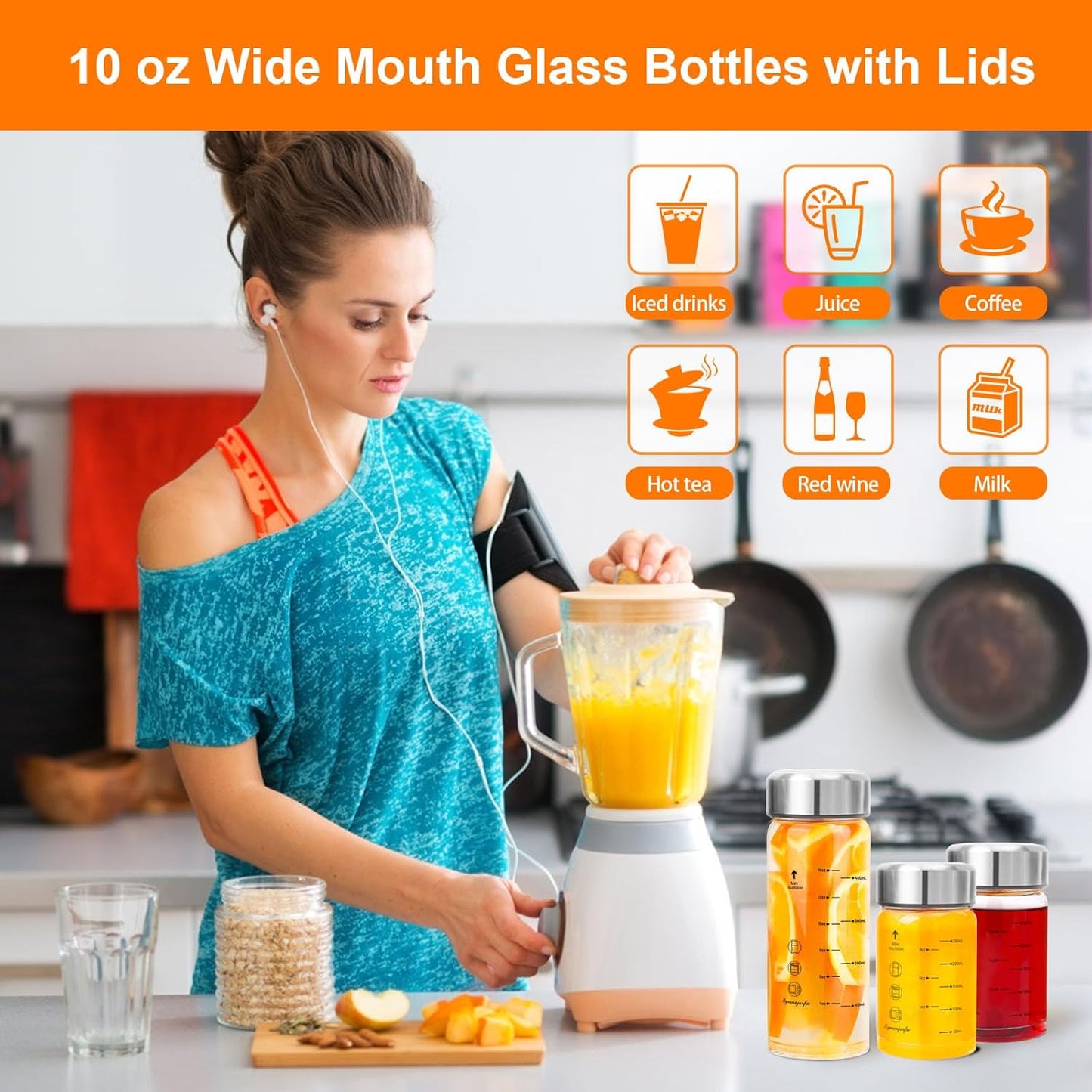 Glass Juice Bottles 4 Pack 10 oz - Wide Mouth Glass Water Bottles with Lids - for Juicing, Smoothies, Milk, Protein, BPA Free, Reusable, Stainless Steel Lids, Leak Proof, Shaker bottle [10oz/300ml]