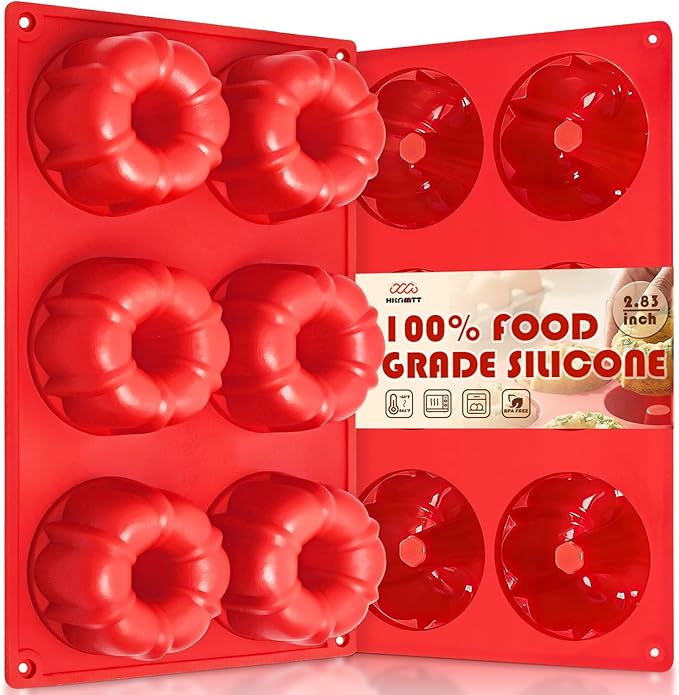 HKMTT Small Silicone Bundt Pan, Mini Fluted Tube Rum Cake Baking Molds, 6 Cavities 2 Pack BPA Free Oven Safe Food Grade Non Stick Moulds