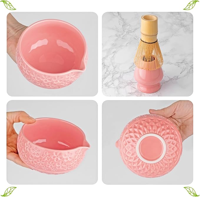 Matcha Whisk Set- Matcha Set includes Matcha Whisk and Bowl with Spout, Sifter, Holder and Scoop- The Perfect Bamboo Whisk for Matcha Tea (Rose Pink)