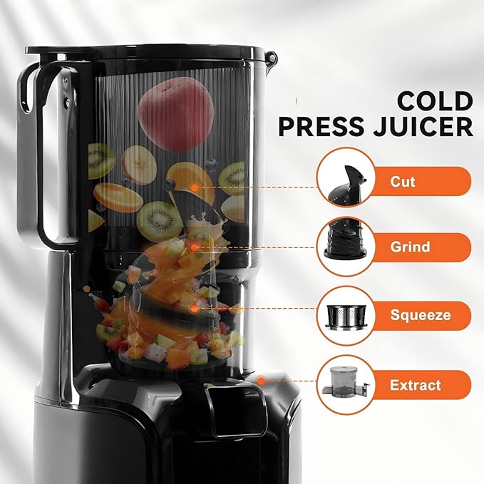NEWBULIG Cold Press Juicer Machines, Masticating Juicer with High Juice Yield, Reverse Function, Stops Oxidation and Easy to Clean for Vegetables & Fruits, Black