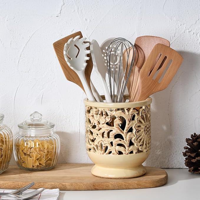 Farmhouse Kitchen Utensil Holder for Countertop, Ceramic Large Cooking Utensil Crock with Cork Mat, Decorative Rustic Utensil Holder for Kitchen Counter, Hollow Carving Flower, Beige