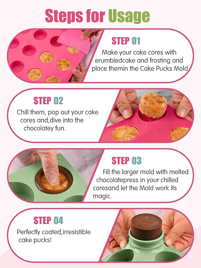 4 PCS Cake Puck Mold Set, 2 Different Sizes Chocolate Covered Cake Silicone Molds, 15 Cavity&12 Cavity Round Cake Pop Molds with 2 Spatulas for DIY Cake Cores, Cakepucks, Chocolate Desserts
