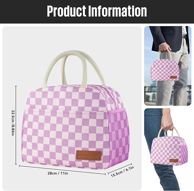 douyadady Lunch Bag Women/Men Lunch Box Women/Men (Purple+Pink Checkerboard)