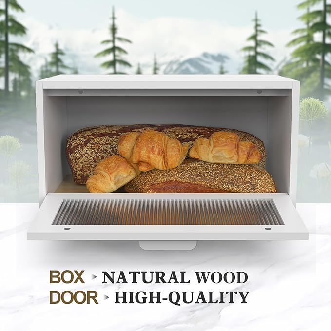 LOHASOK Bread Box for Kitchen Countertop Farmhouse Bread Holder Bread Storage Wooden Bread Container White
