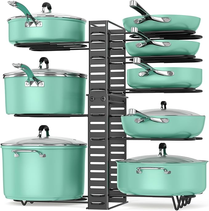 ORDORA Pots and Pans Organizer under Cabinet, 8 Tier Pot Organizers Rack Expandable 11.65" to 19.02" Height with 3 DIY Methods, Adjustable Pan Organizer inside Cabinet Kitchen Storage Organization