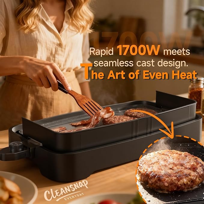 Cleansnap Everyday Electric Griddle, 20” Nonstick Grill with Foldable Anti-Mess Shield, 1700W Fast Heating, ILAG Ultimate Coating, Dishwasher-Safe Removable Plate, Midnight Black