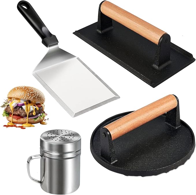 4PCS Griddle Accessories Set, Round & Rectangle Heavy Duty Grill Press, Cast Iron Press Griddle with Wooden Handle for Blackstone, Griddle Spatula, Spice Dredge Shaker