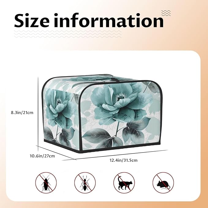 Toaster Cover 4 Slice Elegant Teal Flower Leaves Waterproof Appliance Cover with Hang Loop Bread Baker Toaster Cover for Kitchen