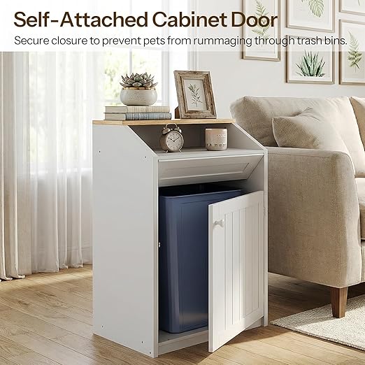 YATINEY Trash Cabinet, Freestanding Trash Can Cabinet, Wooden Recycling with Flip Door, 13 Gallon Hidden Kitchen Garbage Can for Kitchen, Living Room, White WB13WT