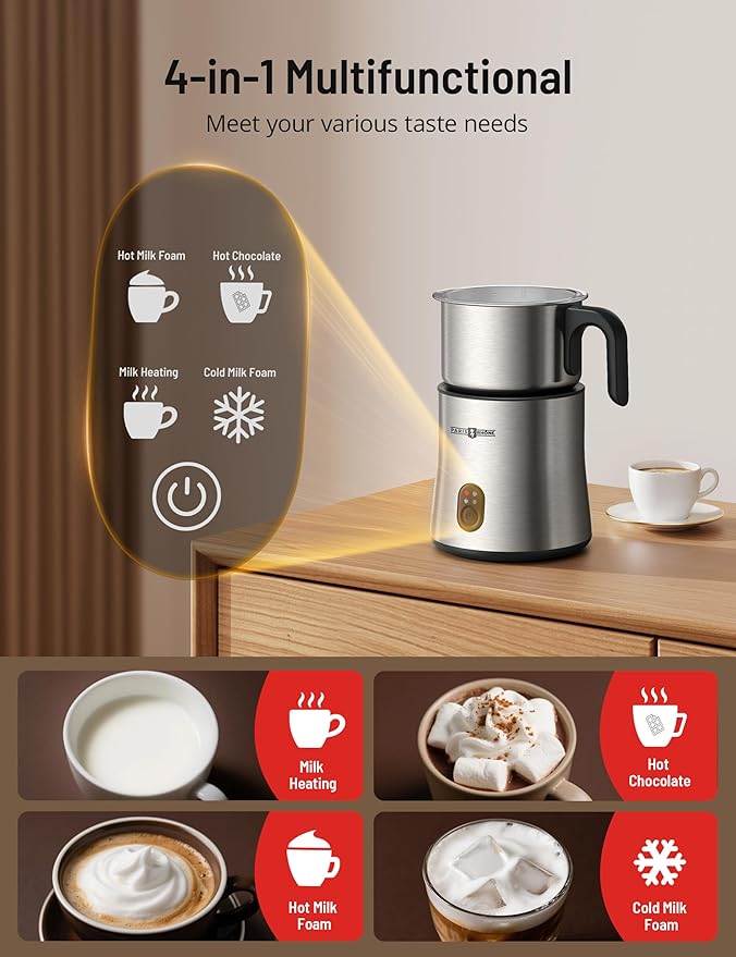 Milk Frother and Steamer, PARIS RHÔNE 4 in 1 Detachable Milk Steamer, 500ml Hot Chocolate Maker and Milk Warmer with Hot & Cold Foam, Dishwasher Safe, All Stainless Steel