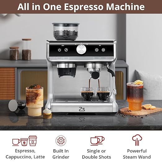 Garvee Espresso Machine With Grinder, Barista Express Espresso Machine, 20 Bar Expresso Coffee Machines with Milk Frother Steam Wand, Cappuccino & Latte Machine for Home, Silver