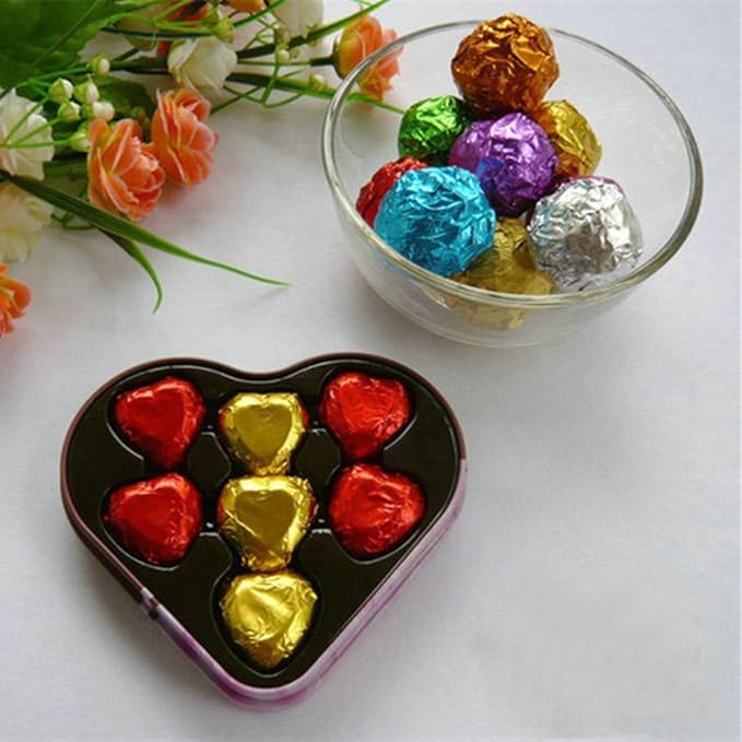 PABCK 500 Pcs 5 Colors Chocolate Candy Wrappers Aluminium Foil Wrapping Papers Square Sweets Lolly Paper Food Tin Foil Wrapper for Candy Packaging Decoration (4.7x4.7 inches)