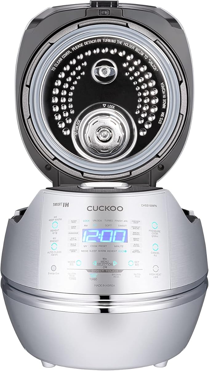 CUCKOO High Pressure Rice Cooker 10-Cup Uncooked / 20-Cup Cooked with Induction Heating Technology, Large Rice Maker with 17 Menu Options and Steam Plate, Voice Guide, Silver (CRP-CHSS1009FN)