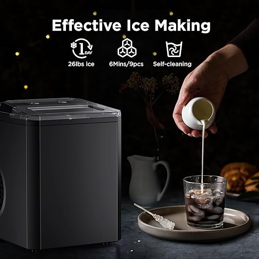Countertop Ice Maker, 9 Cubes Ready in 6 Mins, 26lbs in 24Hrs, Self-Cleaning Ice Machine with Ice Scoop and Basket, 2 Sizes of Bullet Ice for Home Kitchen Office Bar Party, Black
