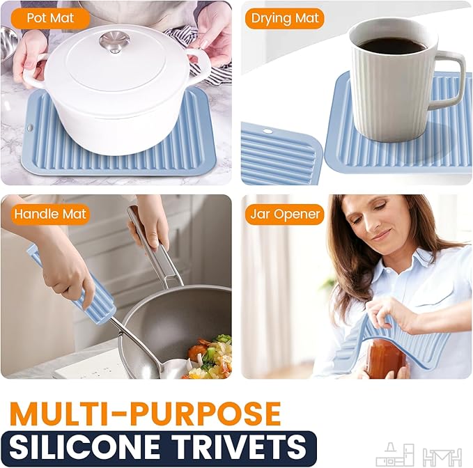 Silicone Trivet Mats 2 Heat Resistant Pot Holders Multipurpose Non-Slip Hot Pads for Kitchen Potholders, Drying mat, Jar Opener, Spoon Holder, Coaster.(Sky Blue)