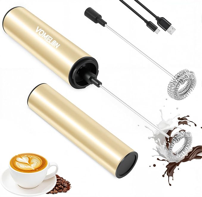 Rechargeable Milk Frother, Electric Coffee Foamer, Handheld Drink Mixer for Latte, Cappuccino, Coffee, Eggs, Hot Chocolate, Protein,Beige