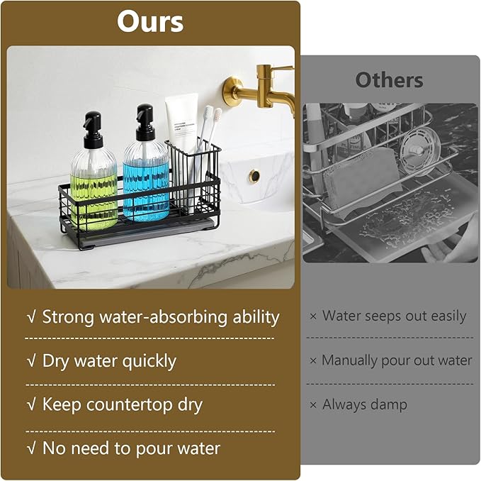 Shinowa Kitchen Dish Soap Dispenser Set, 14OZ Glass Bottle with Rustproof 304 Stainless Steel Sponge Holder and Instant Dry Tray, Hand and Dish Soap Dispenser Set for Kitchen Sink Organizer Decor