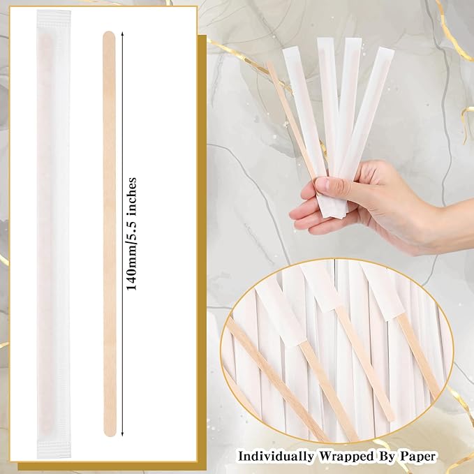 Amyhill 4000 Pcs Individually Wrapped Wooden Coffee Stirrers, Disposable Coffee Stir Sticks Round End Sticks Bulk Wood Stirrers for Cocktail Hot Drinks Restaurant Bar Home Office (5.5 Inch)