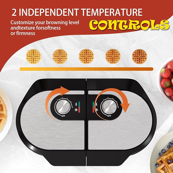 Double Waffle Maker, 6.5" Belgian Waffle Maker with 2 Independent Adjustable Temp Knobs, 1200W Waffle Iron with Nonstick Plates for Breakfast and Snacks, Easy to Clean, Stainless Steel, Black