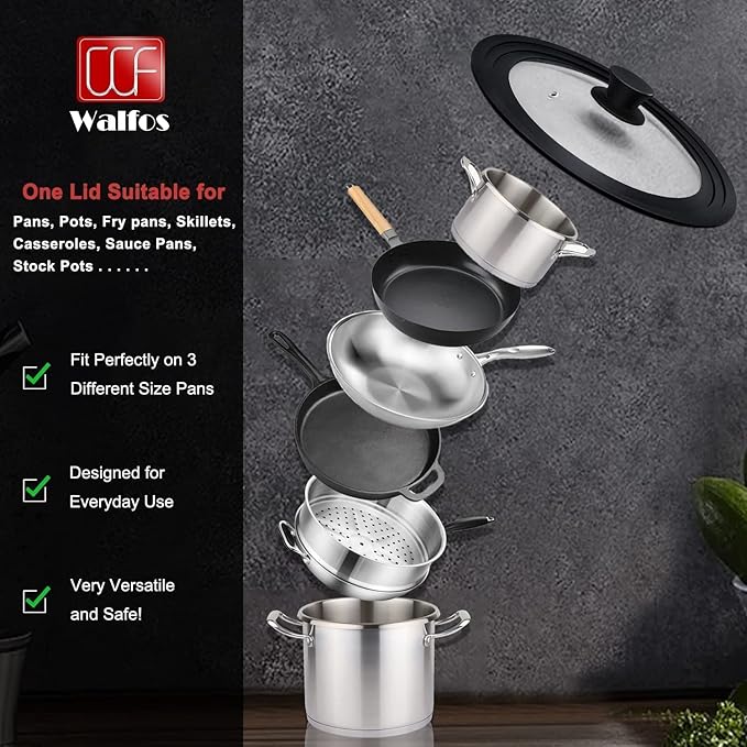 Universal Lid for Pots, Pans and Skillets - Walfos Tempered Glass Pan Lid with Heat Resistant Silicone Rim, Multi-Sizes BPA Free Pot Lids Fits 8", 9" and 9.5" Diameter Cookware, Dishwasher-Safe, Black
