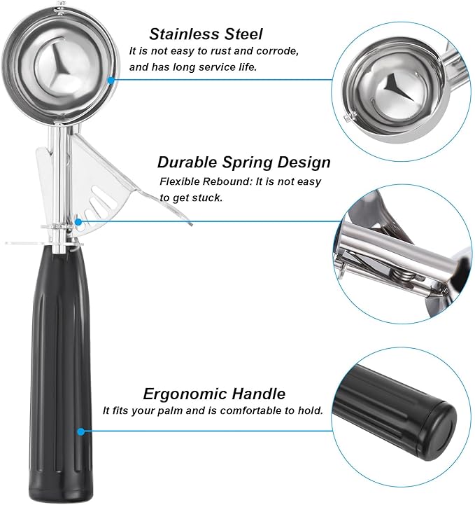 PATIKIL 1 Ounce Ice Cream Scoop with Trigger, Stainless Steel Portion Cookie Scoop with Thumb Trigger for Cookie Dough Cupcake Batter Baking, Black 30ML