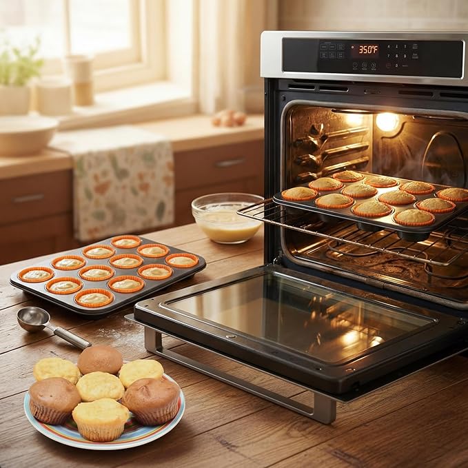 2 Set 12-cup Non Stick Carbon Steel Muffin Pan for Baking with 24 Reusable Silicone Liners, Non Toxic Cupcake Pan Muffin Tin for Easter Wedding Brownies Egg Bite, Easy to Pop(Orange)
