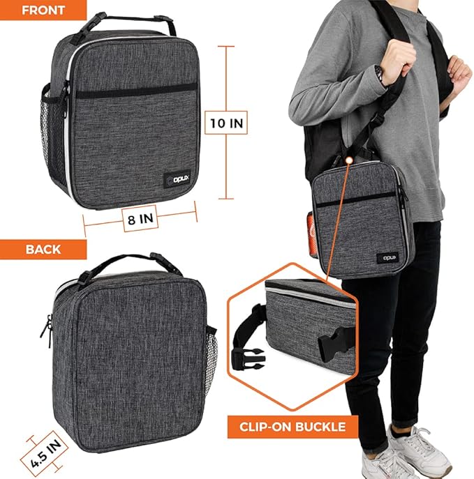opux Premium Insulated Lunch Box, Soft School Lunch Bag for Kids Boys Girls, Leakproof Small Lunch Pail Men Women Work, Reusable Compact Cooler Tote Lunchbox for Office Adult, Charcoal