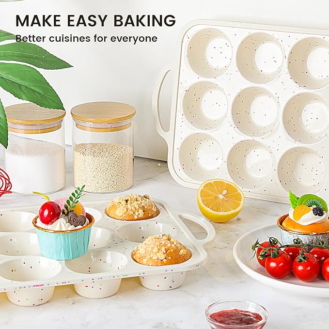 Vinino 2Pack Silicone Muffin Pan for Baking with Metal Reinforced Frame, Regular 12 Cup and Jumbo 6 Cup Nonstick Cupcake Pan Set, BPA Free Silicone Muffin Tray Molds for Oven Dishwasher Safe