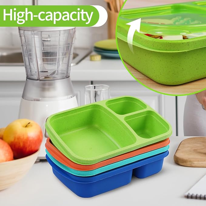buluker 8 Pack Bento Lunch Box Set 3 Compartment Wheat Straw Meal Prep Food Storage Containers Plastic, Microwave and Dishwasher Safe （Jewel Brights）