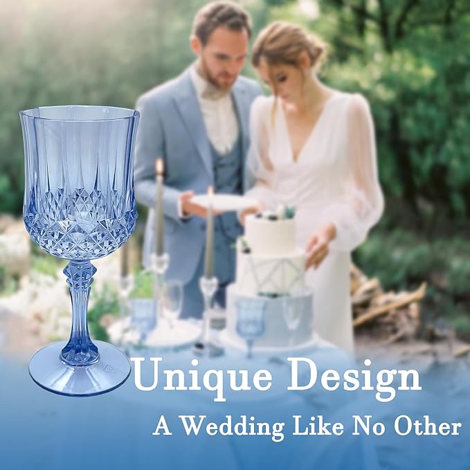 Plastic Wine Glasses, Plastic Goblets Vintage Style Cordial Unbreakable Drinking Glasses,Reusable Drinkware for Wedding Reception, Grand Event Party Supplies(12, Blue)